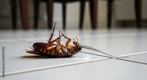 A close-up shot of a dead cockroach lying on its back on a white tiled floor, indicating pest control or an unfortunate end for the insect.