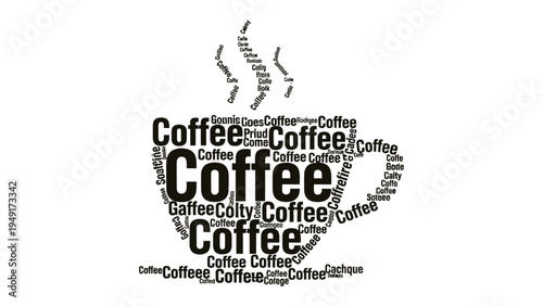 Coffee Cup Word Art: A captivating word art composition, forming the shape of a steaming coffee cup, filled with the word coffee in various fonts and sizes, representing a beverage.