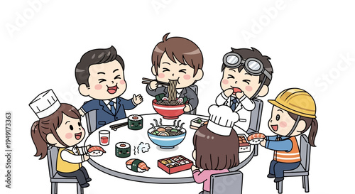 Diverse global workforce building team synergy and inclusion through shared cultural dining experience in a playful Kawaii style