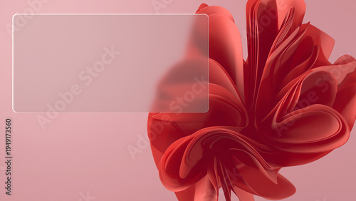 This glassmorphism 3D render showcases a matte glass panel against an abstract flower background, a stylish solution for interface and presentation design.