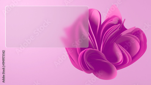 This glassmorphism 3D render showcases a matte glass panel against an abstract flower background, a stylish solution for interface and presentation design.