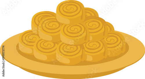 Traditional Indian Gujarati snack Khandvi made of gram flour and yogurt tightly rolled and stacked on a plate served as a delicious vegetarian street food appetizer.