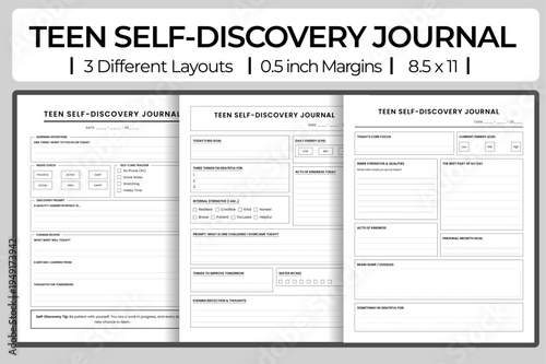 Teen Self Discovery Journal printable vector for adolescent growth featuring mood checks, discovery prompts, and goal setting layouts.