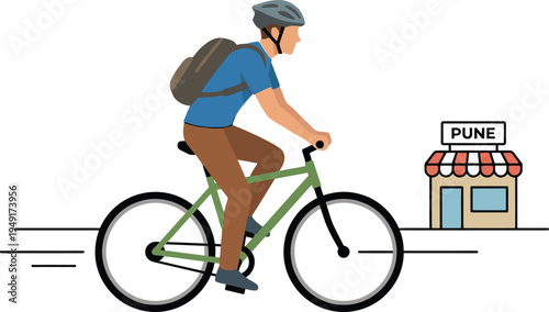 Young active male cyclist wearing a safety helmet and backpack riding a green bicycle fast passing by a local retail store with Pune city sign for modern travel.