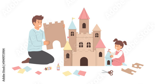 A man and a girl building a cardboard castle with colorful blocks and decorations on a plain white background.