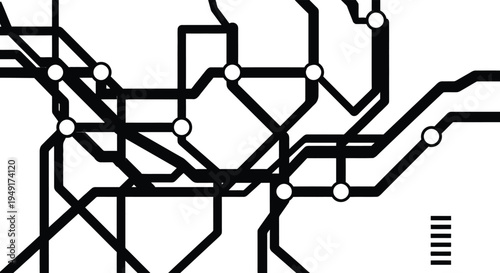 Abstract black and white city subway map showing complex metro transit routes transportation network lines and station nodes for urban travel infrastructure design.