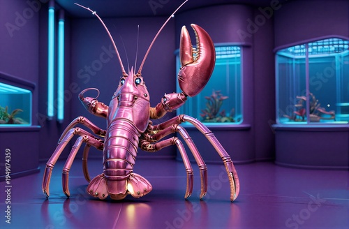 Pink robotic lobster in neon-lit lab with aquariums and glowing