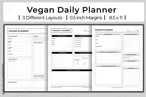 Vegan Daily Planner vector template for plant-based lifestyles featuring meal planning, nutrient tracking, and grocery list layouts.