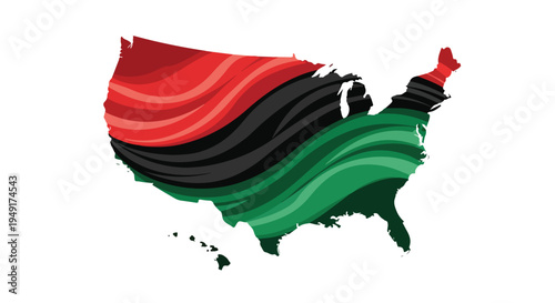 Illustration of the United States map with wavy red, black, and green stripes on a white background, symbolizing African American culture and identity.