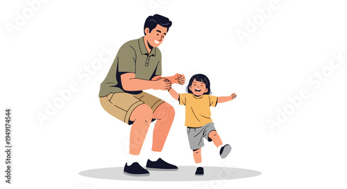 A cartoon illustration of a man and a child dancing together in a playful pose against a plain white background with a warm and joyful mood.