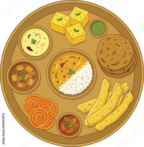 Traditional Indian Gujarati thali platter featuring delicious vegetarian food like dhokla fafda jalebi roti rice dal curry and chutney served in a round metal tray.