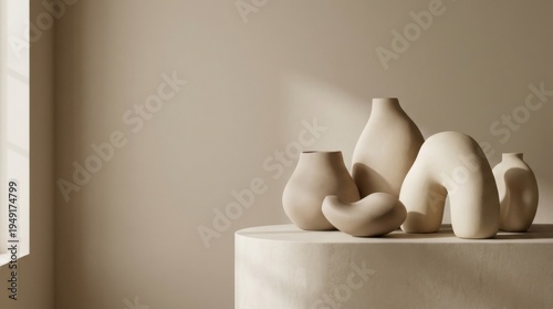 Elegant Minimalist Clay Vases on Round Beige Table with Natural Light in Soft Earth Tones