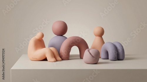 Abstract figurative sculptures in warm pastel tones arranged on a minimalist surface creating artistic decor
