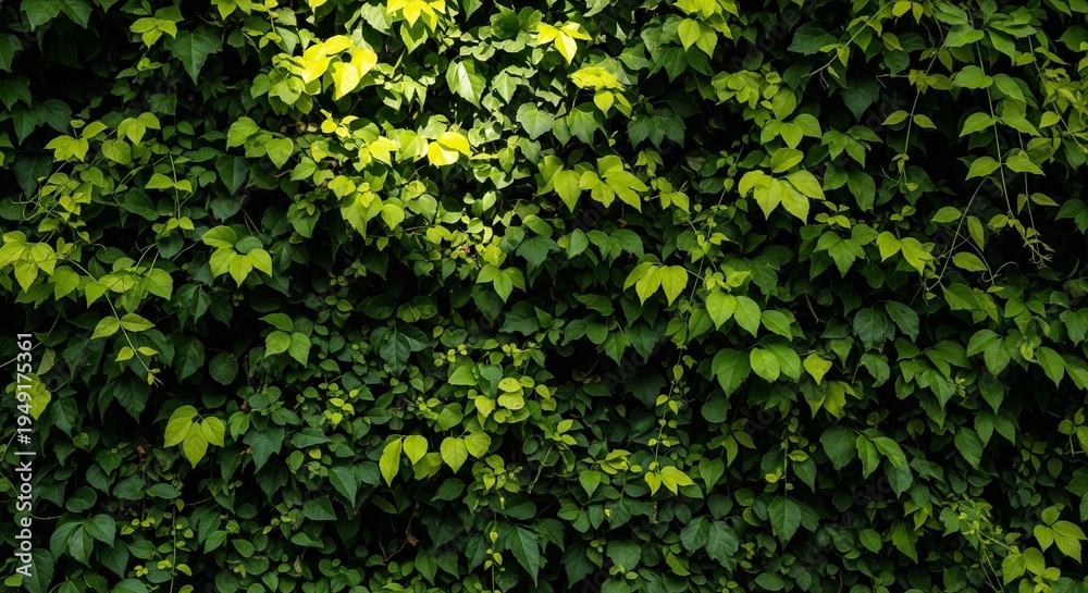 Fototapeta premium A dense, full-frame texture of vibrant green ivy leaves covering a wall, with natural sunlight filtering through the top.