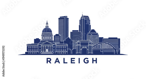 Blue silhouette illustration of the Raleigh city skyline with notable buildings and the city name on a white background.