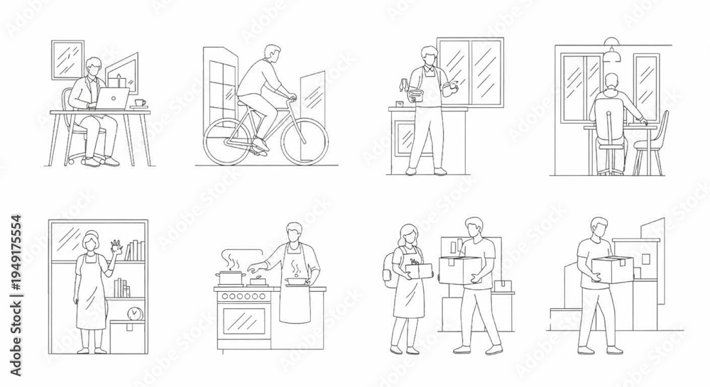Fototapeta premium Architectural People Outline Vector Collection – Diverse Characters Working, Cycling, Cooking and Delivery Activities Single Line Art on White Background