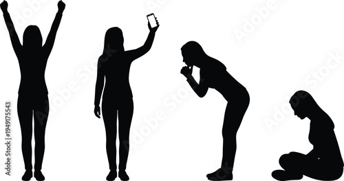 Woman silhouette emotions set, celebrating selfie praying crying female expressions black vector isolated people illustration collection