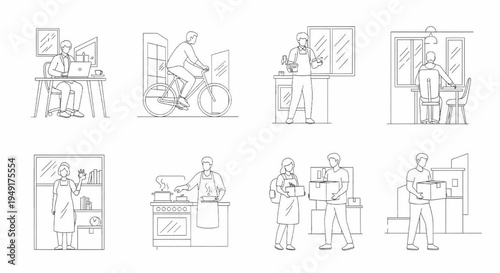 Architectural People Outline Vector Collection – Diverse Characters Working, Cycling, Cooking and Delivery Activities Single Line Art on White Background