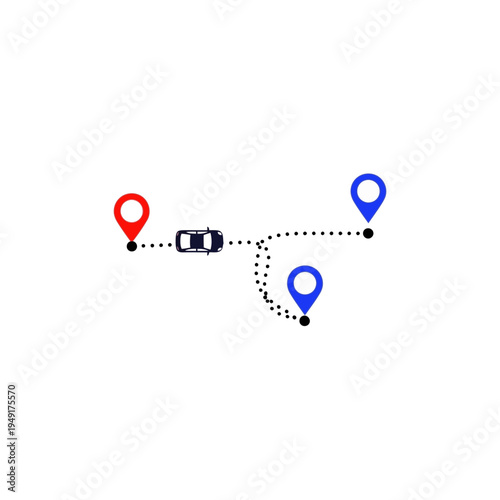 Car navigation system showing multiple routes and destination pins.