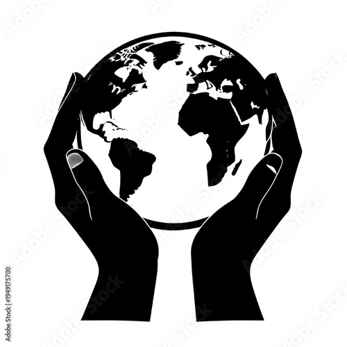Black and white Earth globe in hands icon, symbol for save the planet and sustainability.