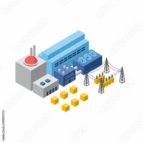 Isometric Nuclear Power Plant Generating Electricity with Transmission Lines.