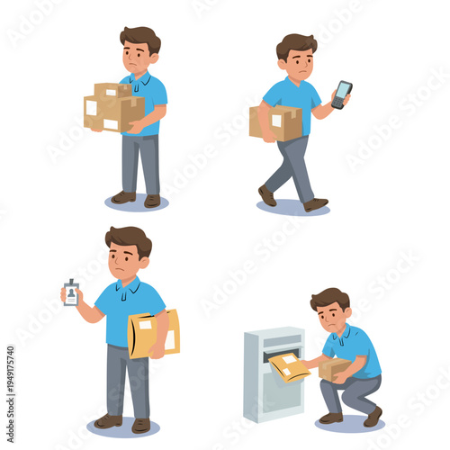 Cartoon illustration of a courier placing a parcel into a delivery locker machine. Automated parcel service and logistics concept in flat vector style
