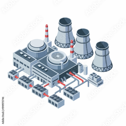 Isometric Nuclear Power Plant Facility with Cooling Towers and Generators.