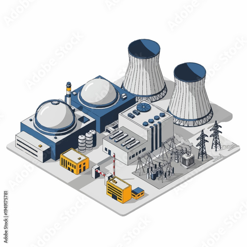 Isometric Nuclear Power Plant Illustration with Cooling Towers and Reactors.