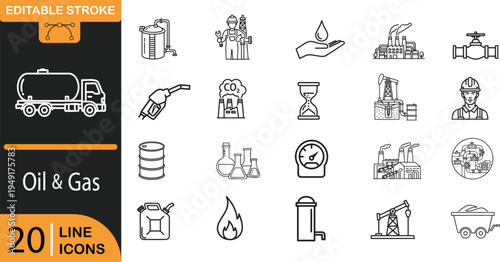 Oil and gas industry line icons set