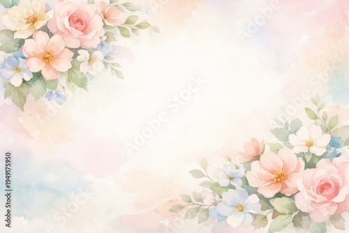Watercolor Floral Corners with Soft Pastel Blended Background and Copy Area
