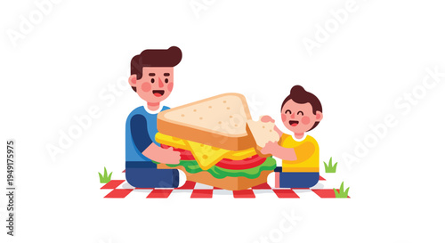 Two men sitting on a red and white checkered picnic blanket holding a giant sandwich with multiple layers.