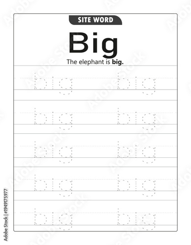 Big Sight Word Tracing Worksheet for Kids: Preschool and Kindergarten Handwriting Practice Exercise