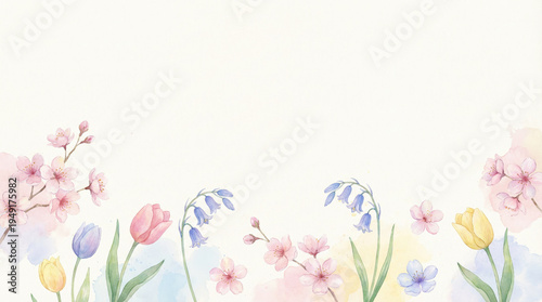 Watercolor illustration of spring flowers including tulips and cherry blossoms floral