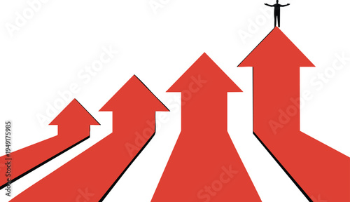 Conceptual Career Advancement and Goal Success Illustration, Rising Financial Arrows and Achievement Silhouette, Business Growth and Leadership Success Graphic.