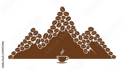 Coffee Mountain Delight: An artistic arrangement of coffee beans shaping a majestic mountain range, complemented by a steaming cup of freshly brewed coffee.