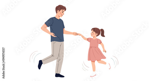 Illustration of a man and a little girl holding hands and running together in a playful scene with a white background.