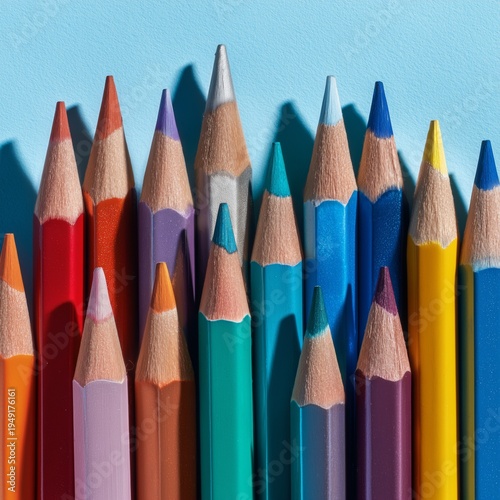 Colorful Pencils Arranged in a Row on a Light Blue Background During the Day