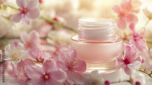 Beauty Product Placed Among Pink Cherry Blossom Flowers in a Bright Setting