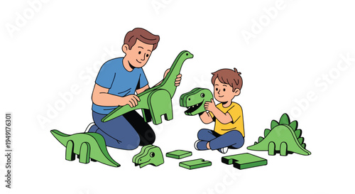 A man and a boy sitting on the floor, assembling green plastic dinosaur puzzle pieces together on a white background.