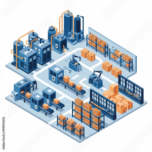 Modern Automated Factory Production Line and Warehouse System.