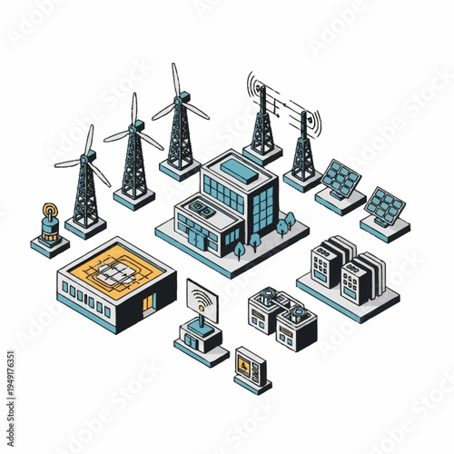 Smart City Infrastructure Isometric Illustration with Renewable Energy and Communication Towers.