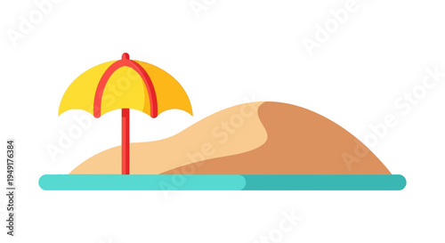 Beach umbrella on sandy island in bright sunny lighting for travel brochure