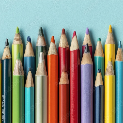 Colorful Pencils Arranged in a Row on a Light Blue Background During the Day