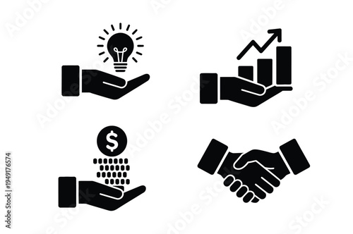 Business concept icon hands holding light bulb bar chart dollar coins handshake innovation vector