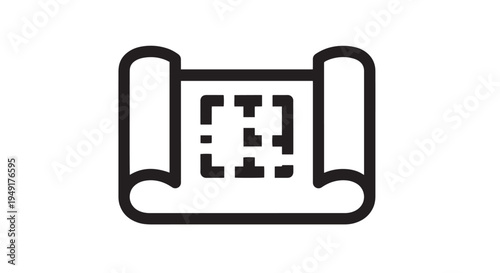 Simple black outline vector illustration representing a rolled up architectural blueprint or floor plan icon