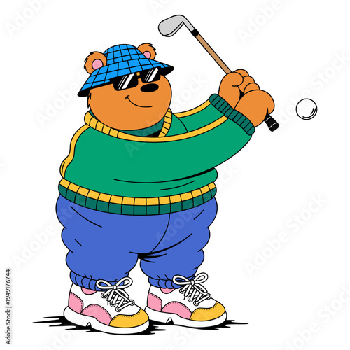A cool brown bear looking stylish in a green sweater and bucket hat as he keeps his eye on the ball after a smooth golf swing.