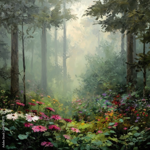 Colorful Flowers Bloom in a Dense Forest on a Misty Morning
