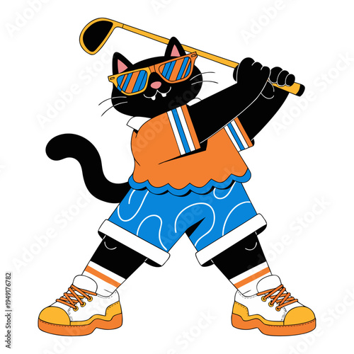 A stylish cartoon black cat dressed in sporty streetwear, holding a bat and wearing colorful sunglasses, blending playful attitude with urban fashion flair.