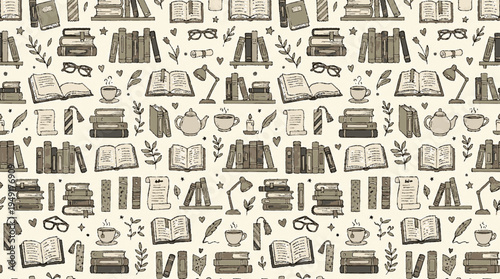 Seamless pattern of books reading icons and stationery on beige background educational and literary symbols