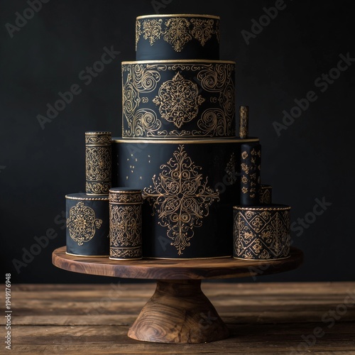 Beautiful Five Tier Black and Gold Cake on a Wooden Table in a Restaurant Set...